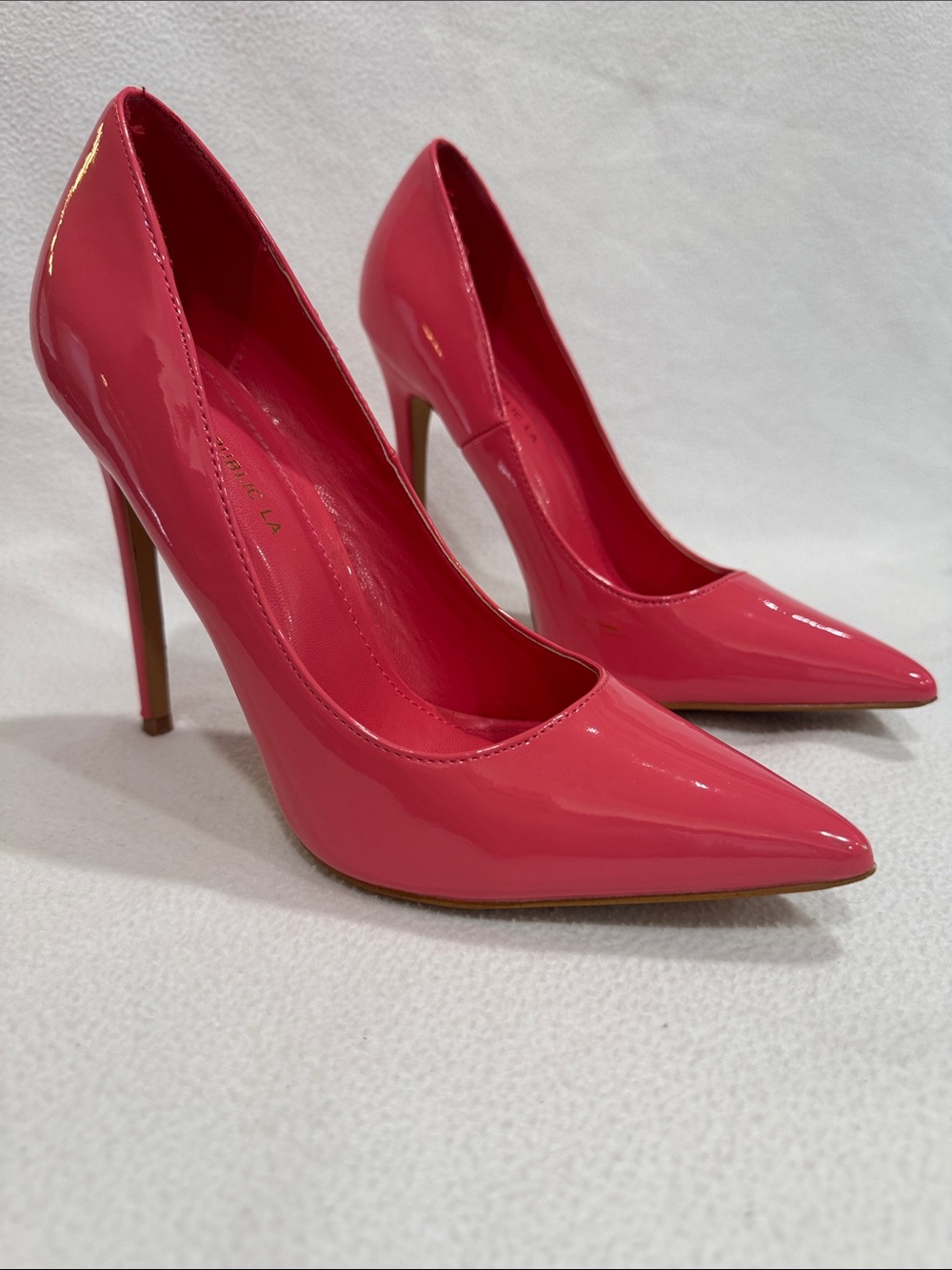 Shoe Republic LA Patent Pointed-Toe Stiletto Pumps in Coral